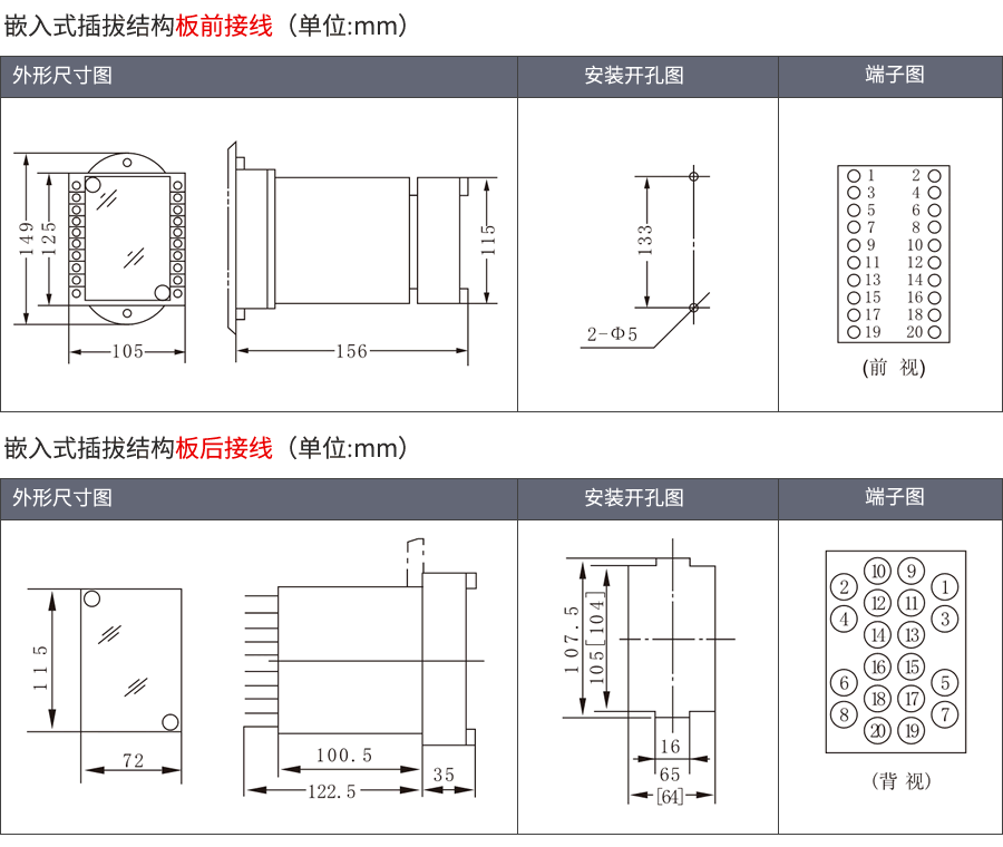 RL-30嵌入式插拔结构外形及接线方式
